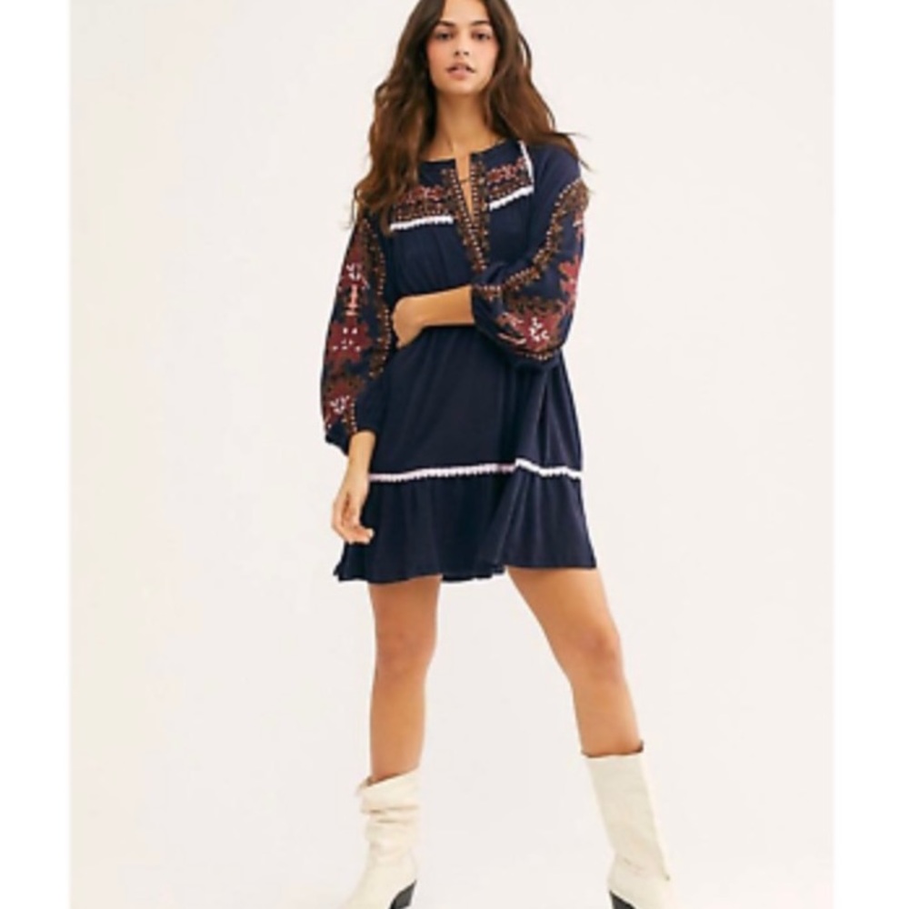 Free People Dress Women’s S Mini Tunic Embroidered Drop Waist Balloon Sleeve